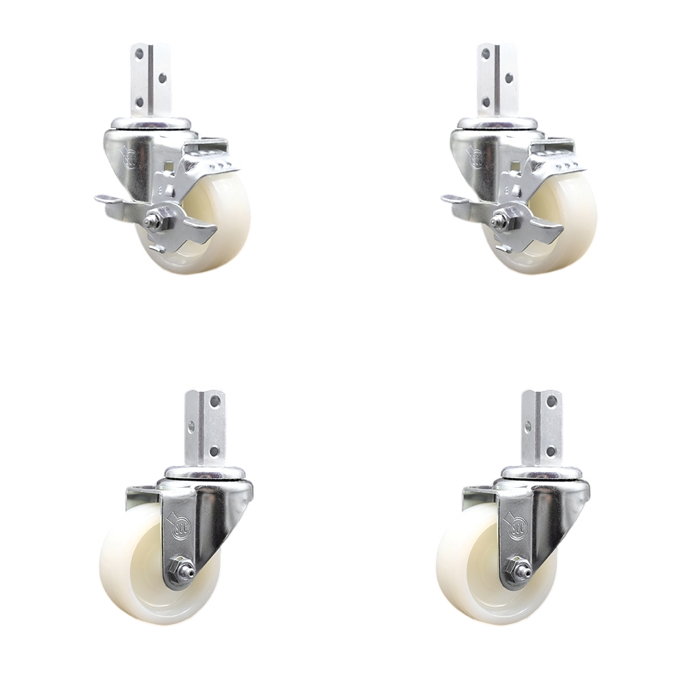 Swivel Square Stem Caster Set 4 w/3” x 1.25” White Nylon Wheel - 3/4” x 2” Square Stem with (3) 17/64” Diameter Mounting Holes - Includes 2 Top Lock Brakes -1200lbs. Cpty/Caster - Service Caster Brand — photo 1