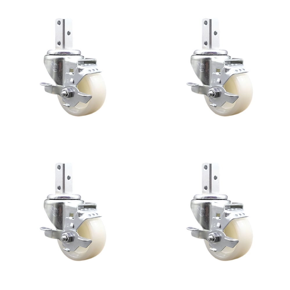 Swivel Square Stem Caster Set 4 w/3” x 1.25” White Nylon Wheel - 3/4” x 2” Square Stem with (3) 17/64” Diameter Mounting Holes - Includes 4 Top Lock Brakes- 1200lbs. Cpty/Caster - Service Caster Brand — photo 1