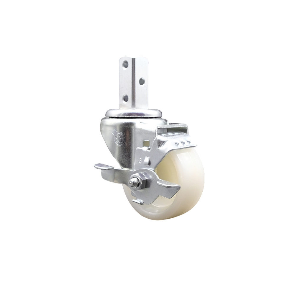 Swivel Square Stem Caster w/3” x 1.25” White Nylon Wheel – 7/8” x 2” Square Stem with (3) 17/64” Diameter Mounting Holes & Top Lock Brakes – 300 lbs. Capacity/Caster – Service Caster Brand — photo 1