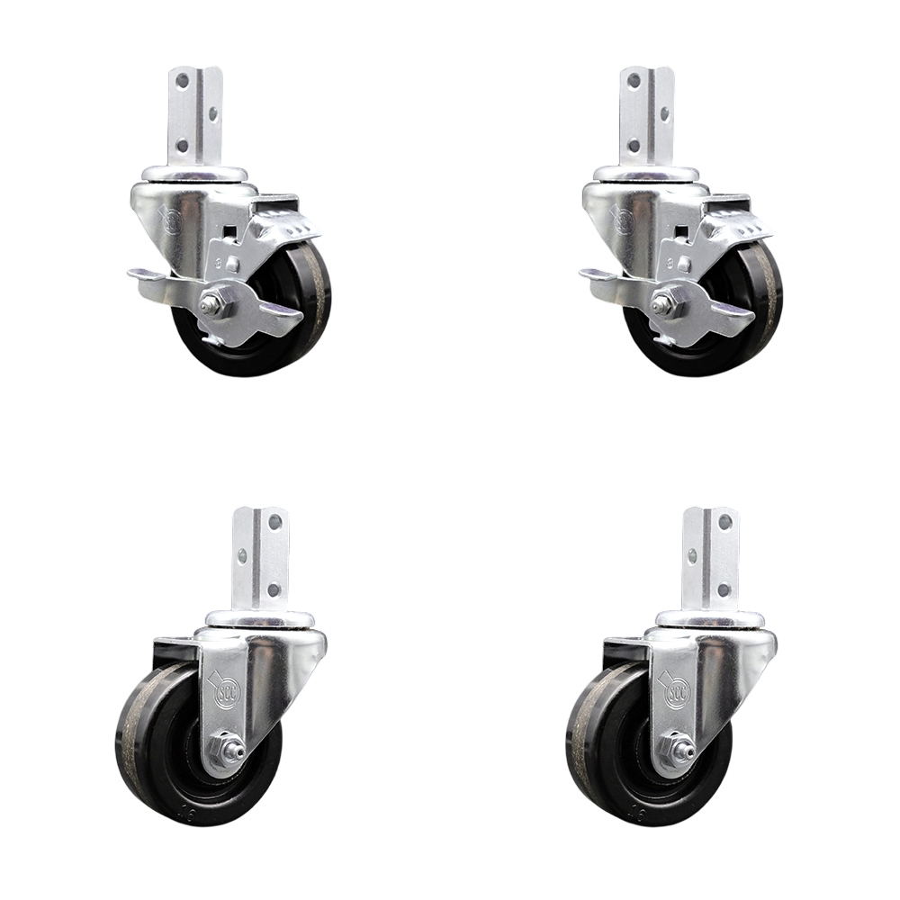 Swivel Square Stem Caster Set 4 w/3” x 1.25” Black Phenolic Wheel - 3/4” x 2” Square Stem with (3) 17/64” Diameter Mounting Holes-Includes 2 Top Lock Brakes-1200lbs. Cpty/Caster - Service Caster Brand — photo 1