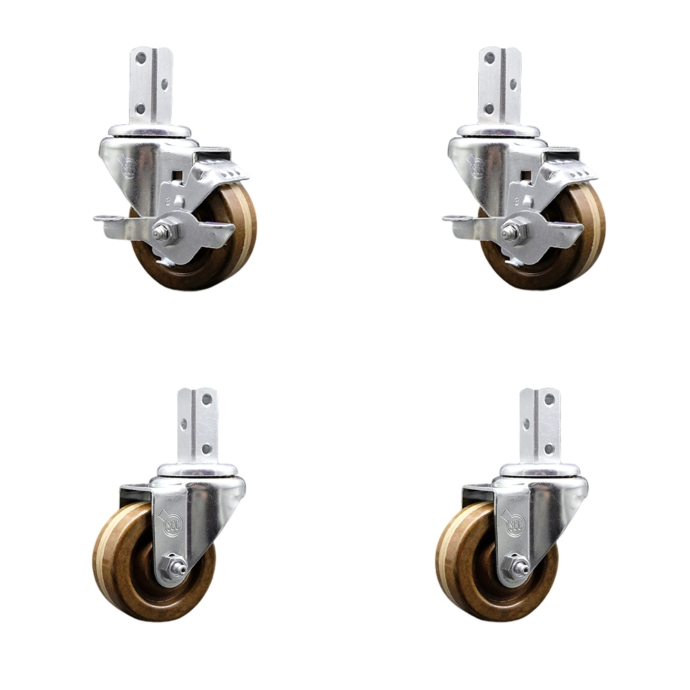 Swivel Square Stem Caster Set 4 w/3” x 1.25” Brown High Temp Phenolic Wheel-3/4” x 2” Square Stem with (3) 17/64” Diameter Mounting Hole-Include 2 Top Lck BRK-1200lbs. Cpty/Caster-Service Caster Brand — photo 1