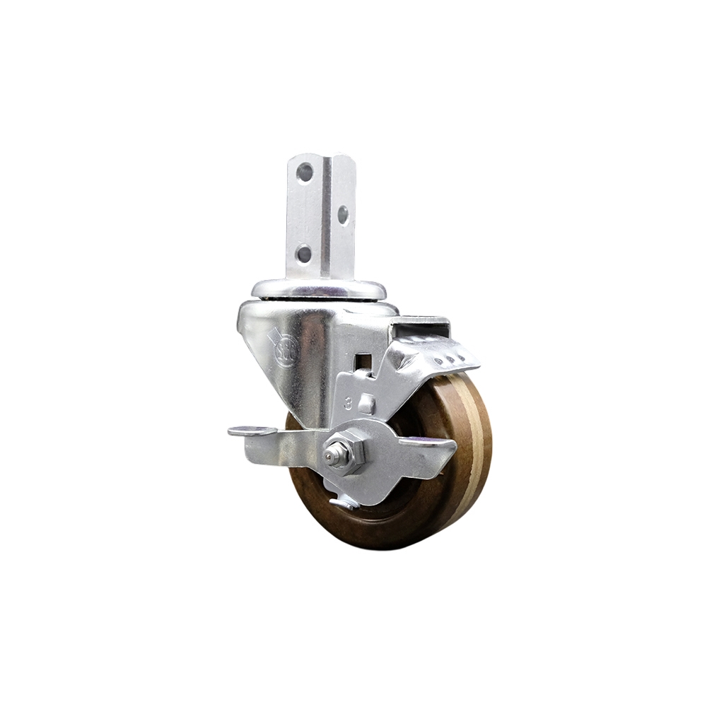 Swivel Square Stem Caster w/3” x 1.25” Brown High Temp Phenolic Wheel – 3/4” x 2” Square Stem with (3) 17/64” Diameter Mounting Holes & Top Lock Brakes– 300 lbs. Capacity/Caster – Service Caster Brand — photo 1