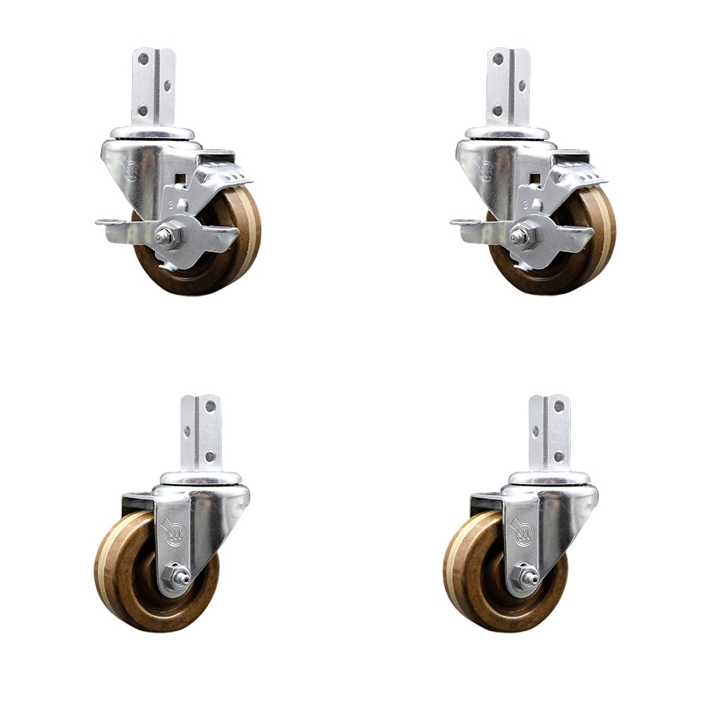 Swivel Square Stem Caster Set 4 w/3” x 1.25” Brown High Temp Phenolic Wheel - 7/8” x 2” Square Stem with (3) 17/64” Diameter Mounting Holes - Includes 2 Top Lock Brakes - Service Caster Brand — photo 1