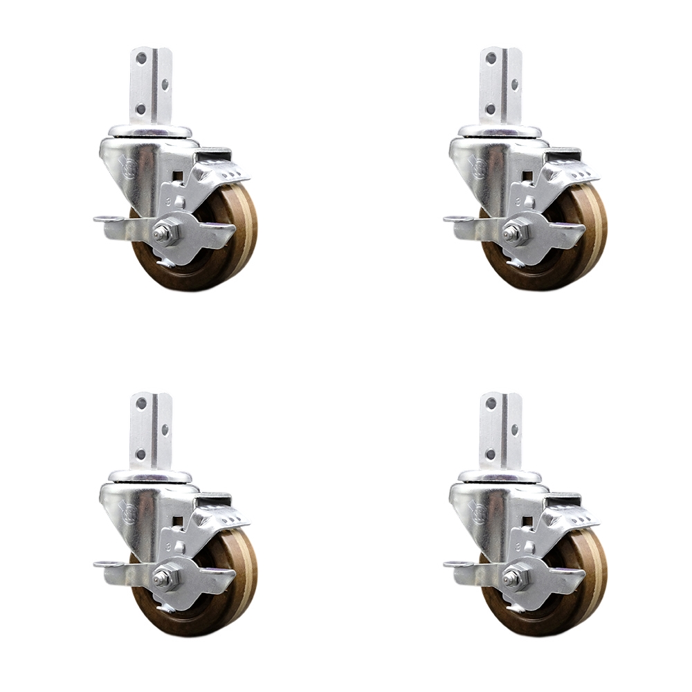 Swivel Square Stem Caster Set 4 w/3” x 1.25” Brown High Temp Phenolic Wheel - 7/8” x 2” Square Stem with (3) 17/64” Diameter Mounting Holes - Includes 4 Top Lock Brakes - Service Caster Brand — photo 1