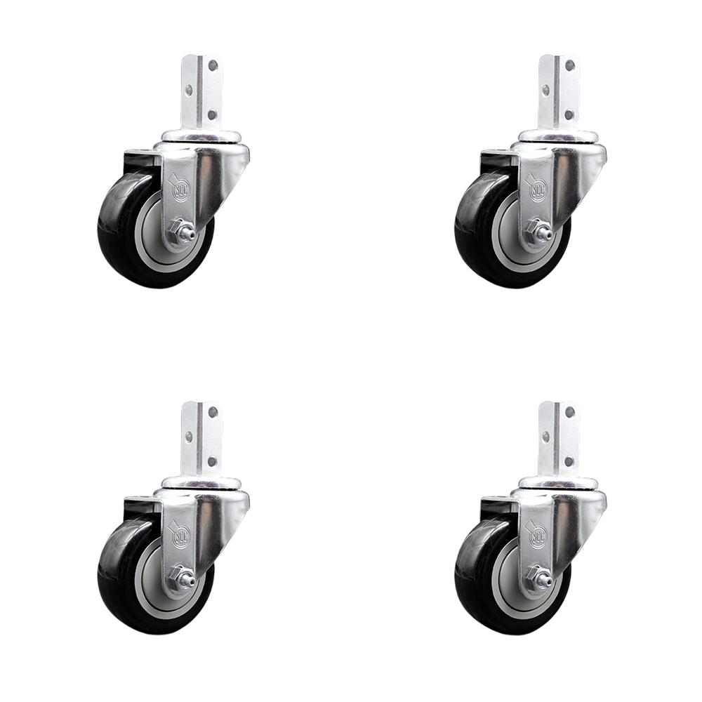 Swivel Square Stem Caster Set 4 w/3” x 1.25” Black Polyurethane Wheel - 7/8” x 2” Square Stem with (3) 17/64” Diameter Mounting Holes - Includes 4 Swivel - 1200 lbs. Cpty/Caster - Service Caster Brand — photo 1