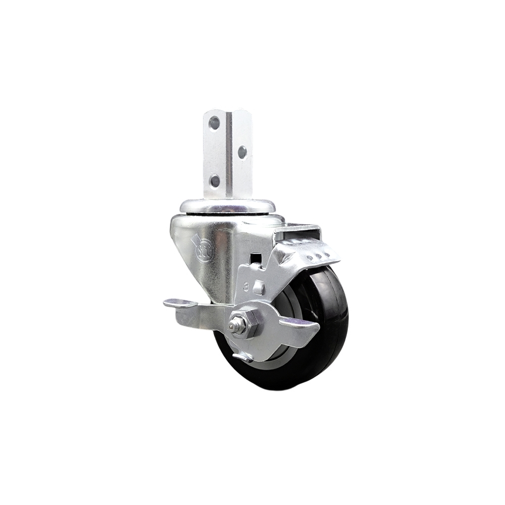Swivel Square Stem Caster w/3” x 1.25” Black Polyurethane Wheel – 3/4” x 2” Square Stem with (3) 17/64” Diameter Mounting Holes & Top Lock Brakes – 300 lbs. Capacity/Caster – Service Caster Brand — photo 1