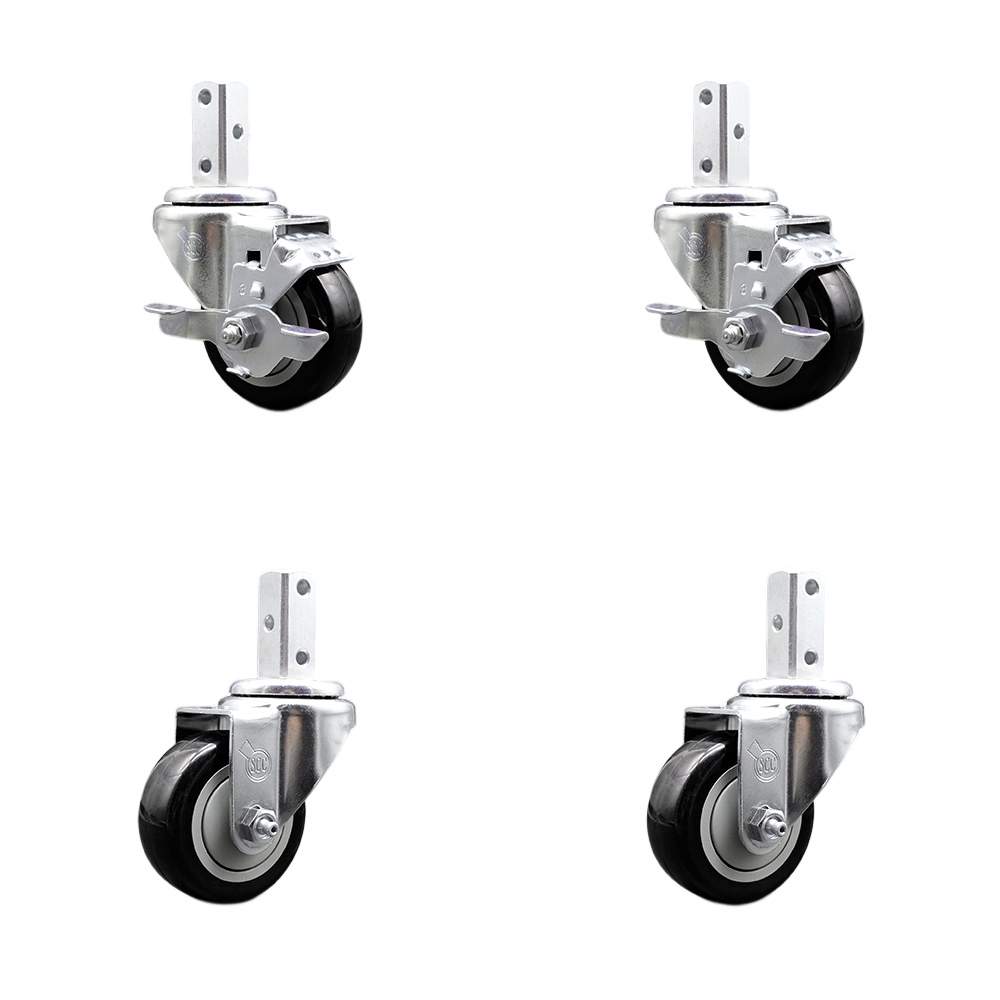 Swivel Square Stem Caster Set 4 w/3” x 1.25” Black Poly Wheel - 7/8” x 2” Square Stem with (3) 17/64” Diameter Mounting Holes - Includes 2 Top Lock Brakes - 1200lbs. Cpty/Caster - Service Caster Brand — photo 1