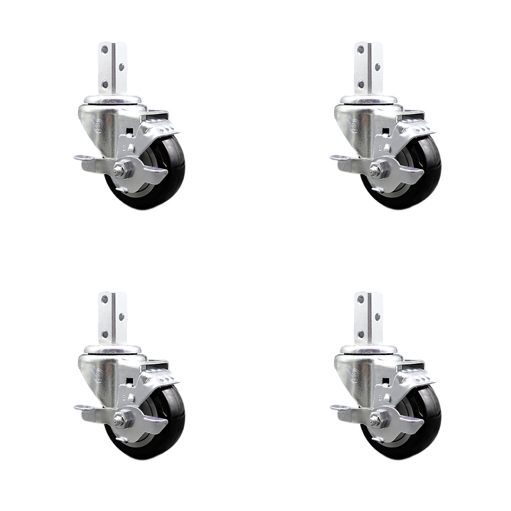 Swivel Square Stem Caster Set 4 w/3” x 1.25” Black Poly Wheel - 7/8” x 2” Square Stem with (3) 17/64” Diameter Mounting Holes - Includes 4 Top Lock Brakes - 1200lbs. Cpty/Caster - Service Caster Brand — photo 1