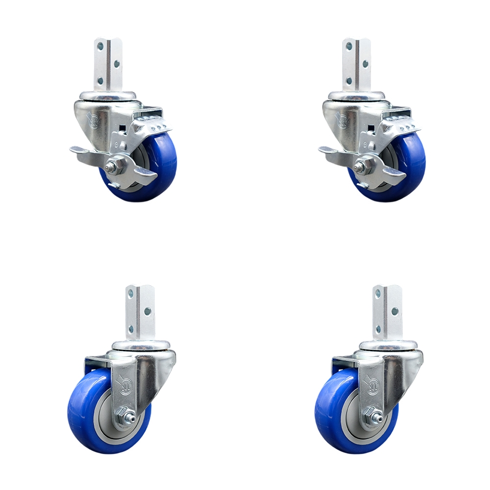 Swivel Square Stem Caster Set 4 w/3” x 1.25” Blue Poly Wheel - 3/4” x 2” Square Stem with (3) 17/64” Diameter Mounting Holes - Includes 2 Top Lock Brakes - 1200lbs. Cpty/Caster - Service Caster Brand — photo 1