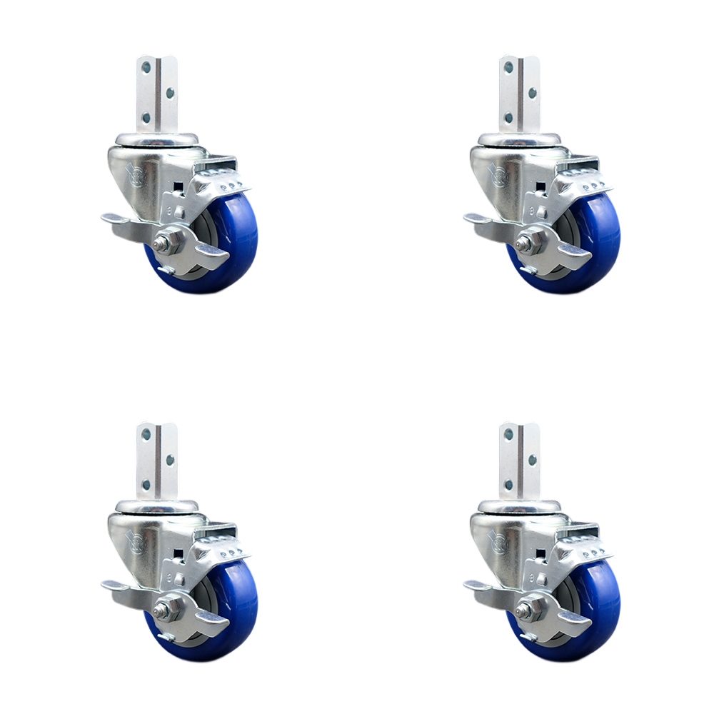 Swivel Square Stem Caster Set 4 w/3” x 1.25” Blue Poly Wheel - 3/4” x 2” Square Stem with (3) 17/64” Diameter Mounting Holes - Includes 4 Top Lock Brakes - 1200lbs. Cpty/Caster - Service Caster Brand — photo 1