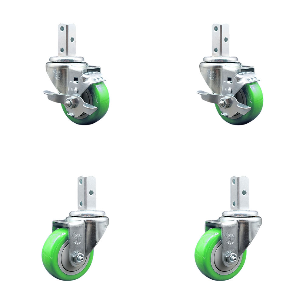 Swivel Square Stem Caster Set 4 w/3” x 1.25” Green Poly Wheel - 7/8” x 2” Square Stem with (3) 17/64” Diameter Mounting Holes - Includes 2 Top Lock Brakes - 1200lbs. Cpty/Caster - Service Caster Brand — photo 1