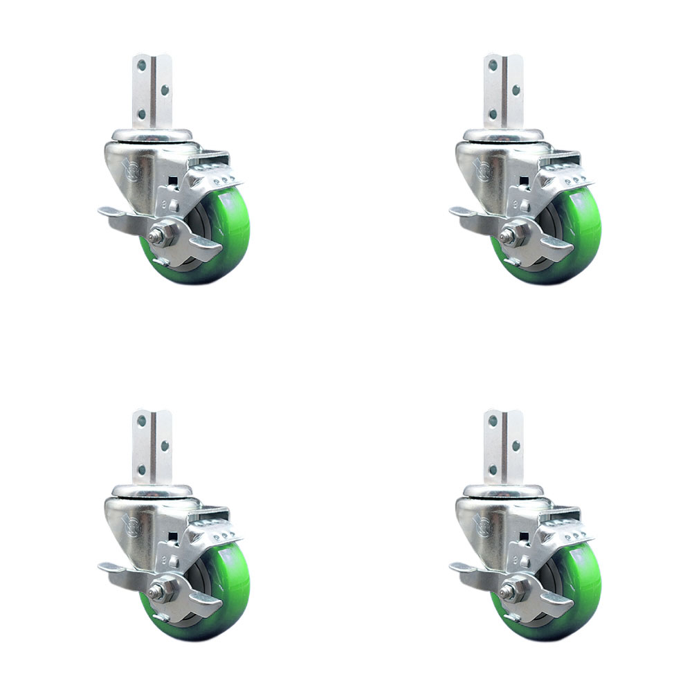 Swivel Square Stem Caster Set 4 w/3” x 1.25” Green Poly Wheel - 7/8” x 2” Square Stem with (3) 17/64” Diameter Mounting Holes - Includes 4 Top Lock Brakes - 1200lbs. Cpty/Caster - Service Caster Brand — photo 1
