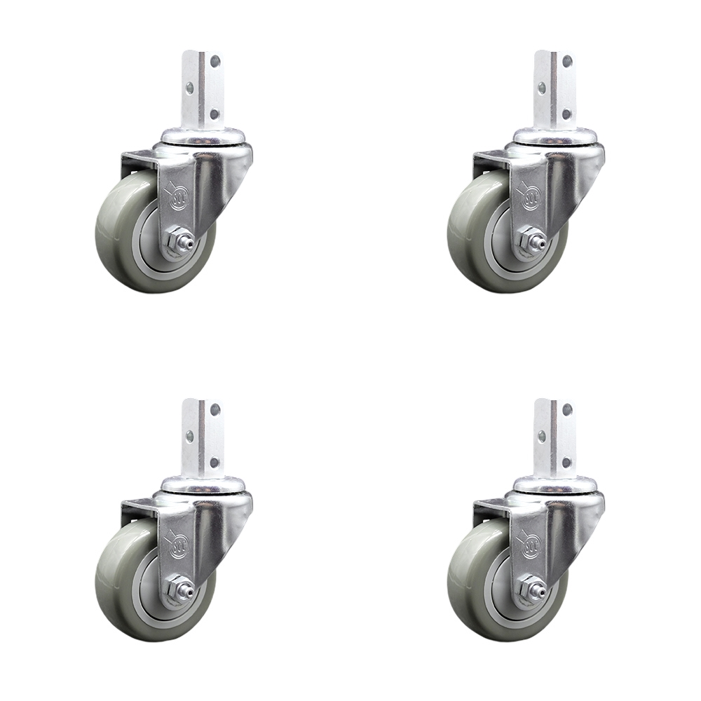 Swivel Square Stem Caster Set 4 w/3” x 1.25” Gray Polyurethane Wheel - 3/4” x 2” Square Stem with (3) 17/64” Diameter Mounting Holes - Includes 4 Swivel - 1200 lbs. Cpty/Caster - Service Caster Brand — photo 1
