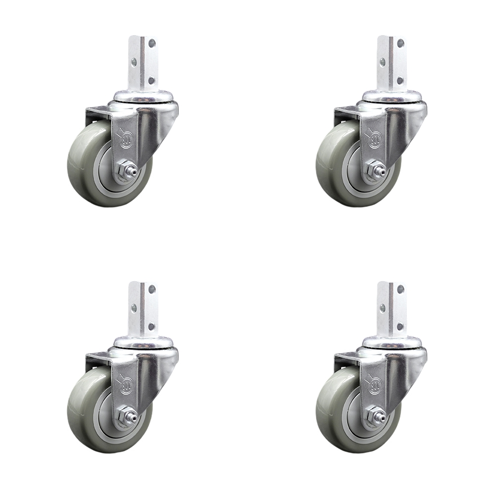 Swivel Square Stem Caster Set 4 w/3” x 1.25” Gray Polyurethane Wheel - 7/8” x 2” Square Stem with (3) 17/64” Diameter Mounting Holes - Includes 4 Swivel - 1200 lbs. Cpty/Caster - Service Caster Brand — photo 1
