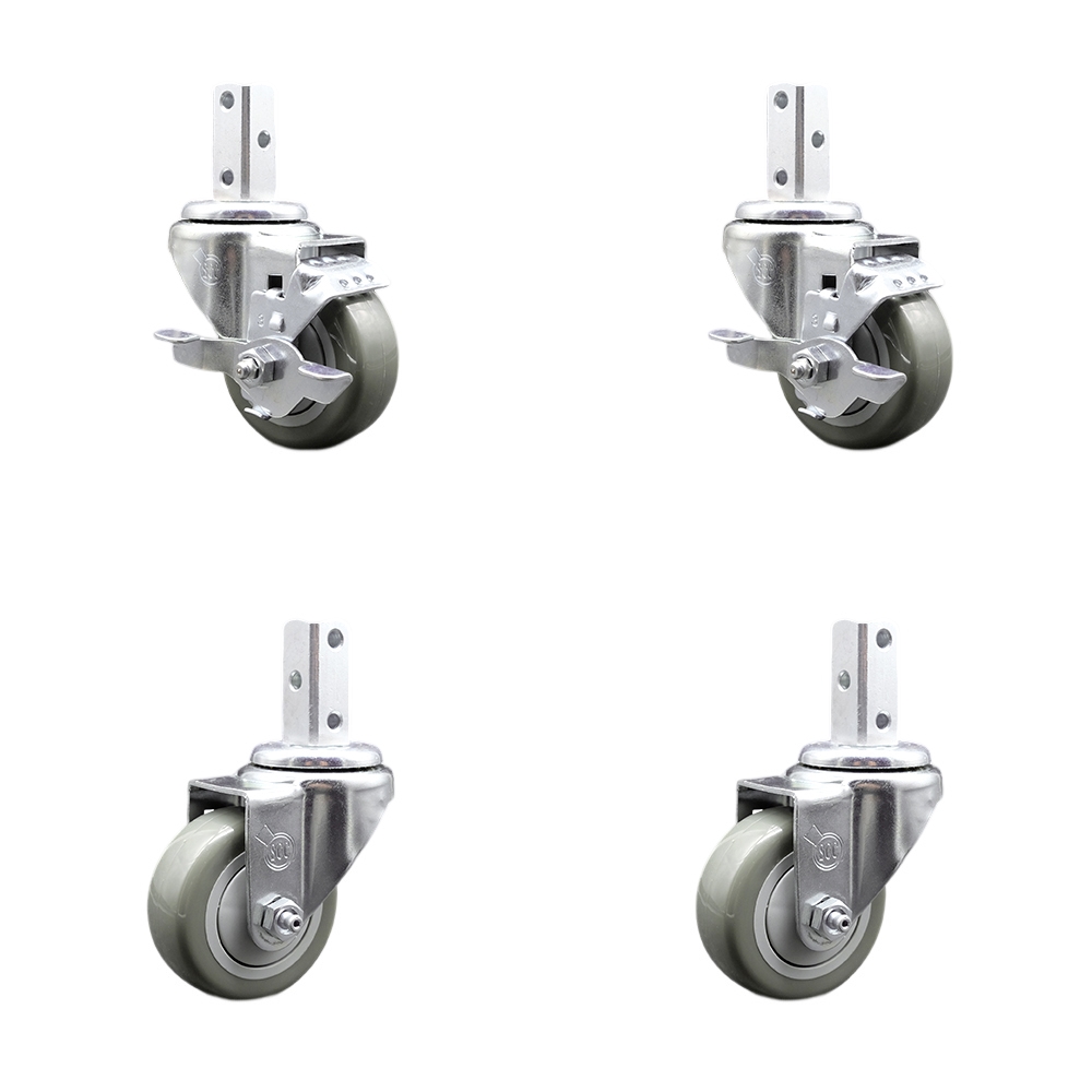 Swivel Square Stem Caster Set 4 w/3” x 1.25” Gray Poly Wheel - 7/8” x 2” Square Stem with (3) 17/64” Diameter Mounting Holes - Includes 2 Top Lock Brakes - 1200lbs. Cpty/Caster - Service Caster Brand — photo 1