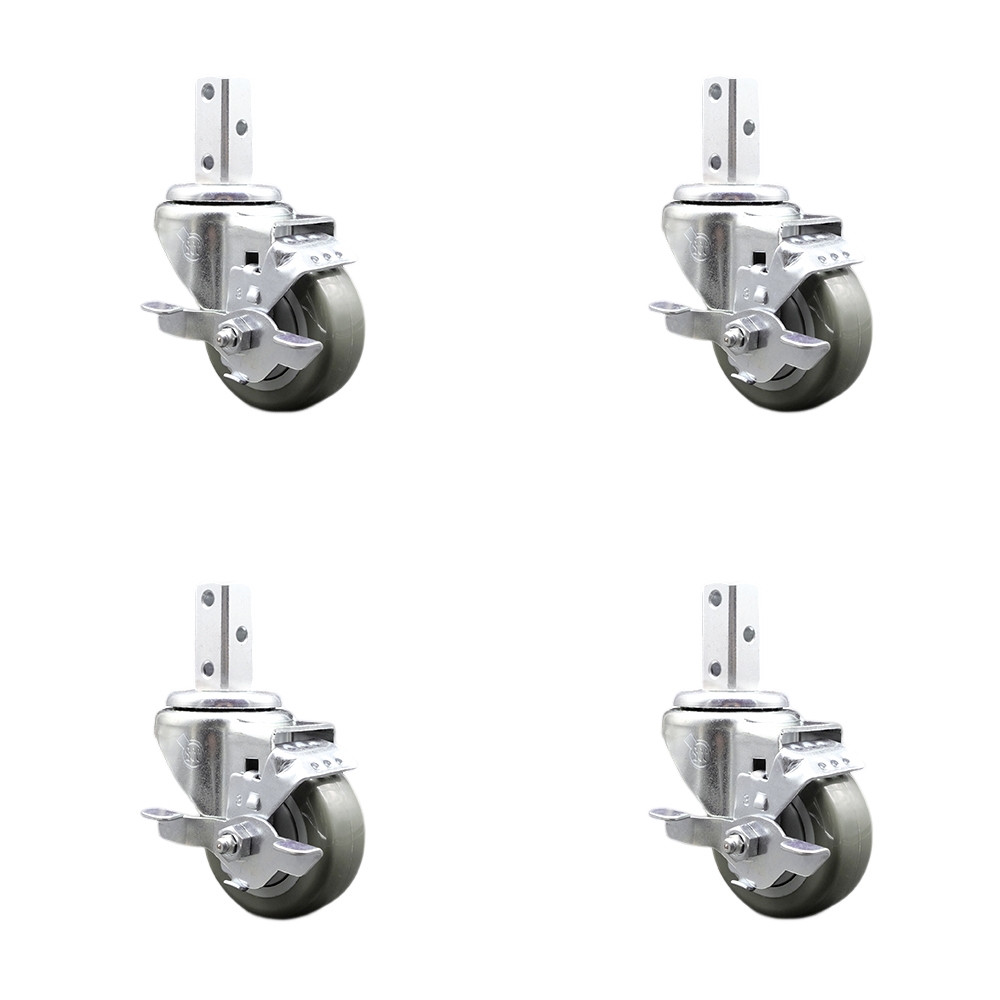 Swivel Square Stem Caster Set 4 w/3” x 1.25” Gray Poly Wheel - 7/8” x 2” Square Stem with (3) 17/64” Diameter Mounting Holes - Includes 4 Top Lock Brakes - 1200lbs. Cpty/Caster - Service Caster Brand — photo 1