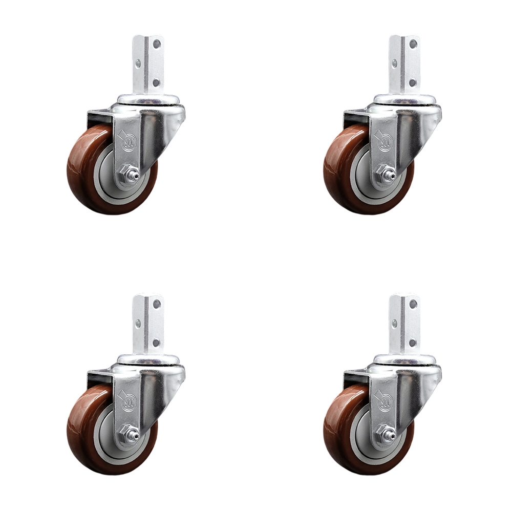 Swivel Square Stem Caster Set 4 w/3” x 1.25” Maroon Polyurethane Wheel - 3/4” x 2” Square Stem with (3) 17/64” Diameter Mounting Holes - Includes 4 Swivel- 1200 lbs. Cpty/Caster - Service Caster Brand — photo 1