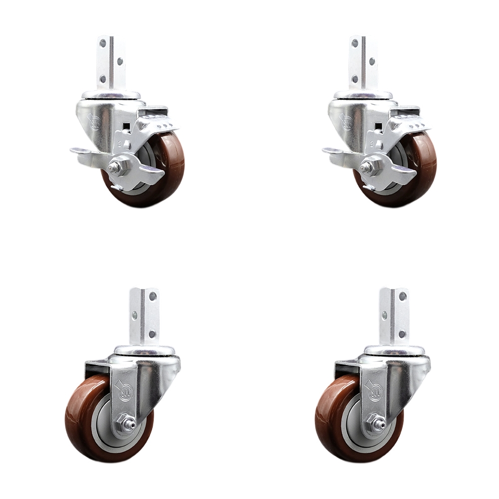 Swivel Square Stem Caster Set 4 w/3” x 1.25” Maroon Poly Wheel - 3/4” x 2” Square Stem with (3) 17/64” Diameter Mounting Holes - Includes 2 Top Lock Brakes- 1200lbs. Cpty/Caster - Service Caster Brand — photo 1