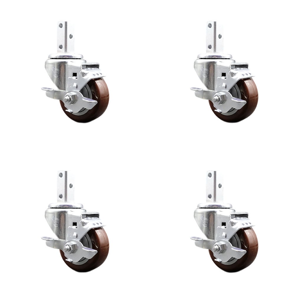 Swivel Square Stem Caster Set 4 w/3” x 1.25” Maroon Poly Wheel - 3/4” x 2” Square Stem with (3) 17/64” Diameter Mounting Holes - Includes 4 Top Lock Brakes- 1200lbs. Cpty/Caster - Service Caster Brand — photo 1