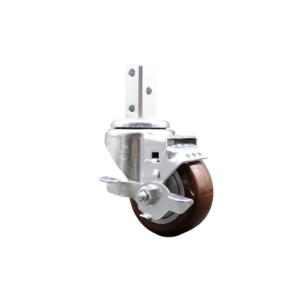 Swivel Square Stem Caster w/3” x 1.25” Maroon Polyurethane Wheel – 7/8” x 2” Square Stem with (3) 17/64” Diameter Mounting Holes & Top Lock Brakes – 300 lbs. Capacity/Caster – Service Caster Brand — photo 1