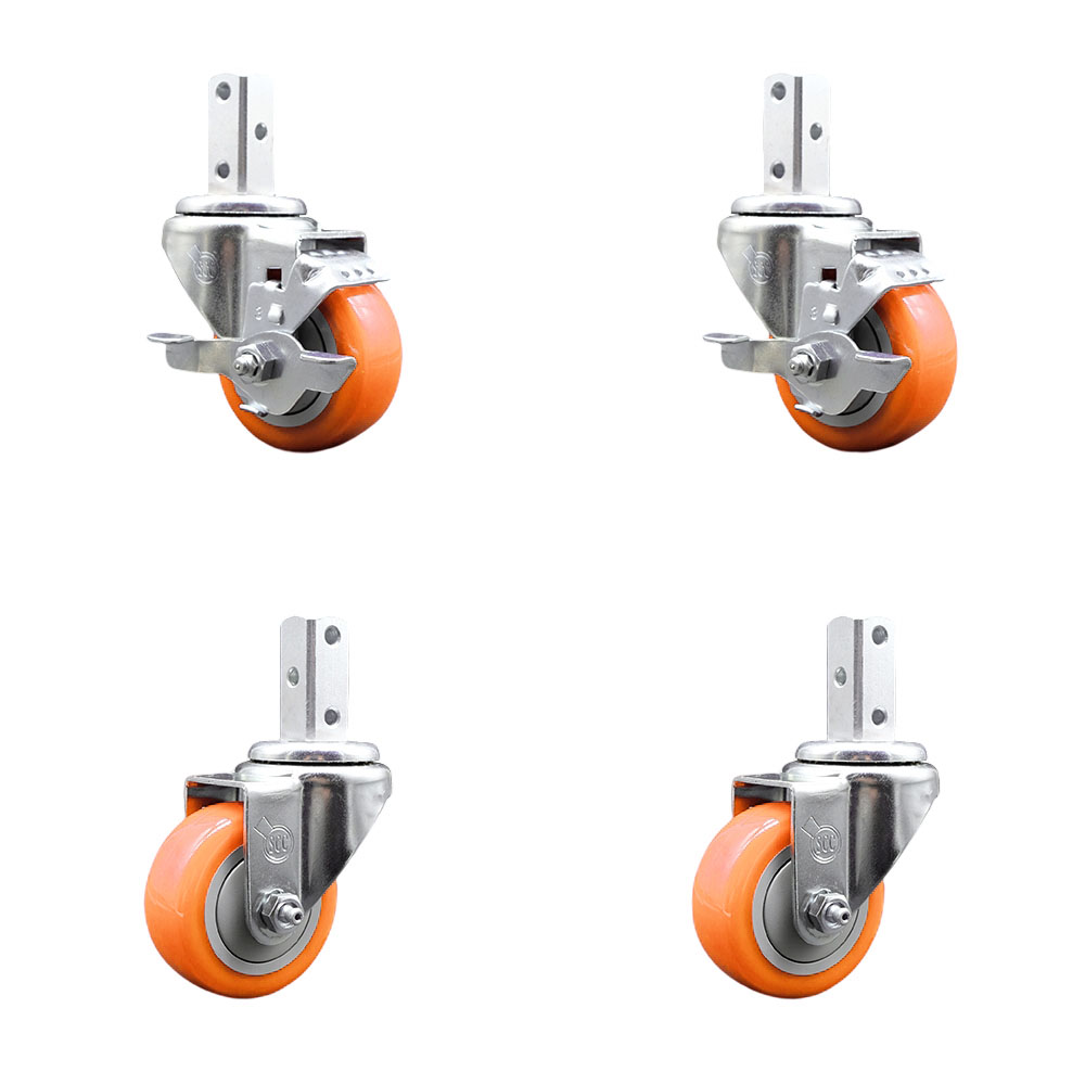 Swivel Square Stem Caster Set 4 w/3” x 1.25” Orange Poly Wheel - 3/4” x 2” Square Stem with (3) 17/64” Diameter Mounting Holes - Includes 2 Top Lock Brakes - 1200lbs. Cpty/Caster- Service Caster Brand — photo 1