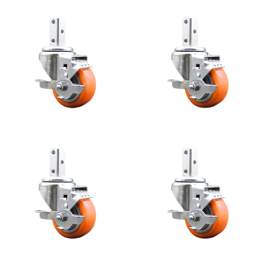 Swivel Square Stem Caster Set 4 w/3” x 1.25” Orange Poly Wheel - 3/4” x 2” Square Stem with (3) 17/64” Diameter Mounting Holes - Includes 4 Top Lock Brakes - 1200lbs. Cpty/Caster- Service Caster Brand — photo 1