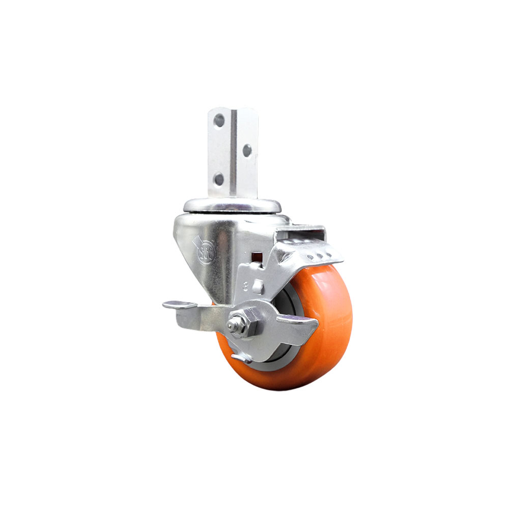 Swivel Square Stem Caster w/3” x 1.25” Orange Polyurethane Wheel – 7/8” x 2” Square Stem with (3) 17/64” Diameter Mounting Holes & Top Lock Brakes – 300 lbs. Capacity/Caster – Service Caster Brand — photo 1