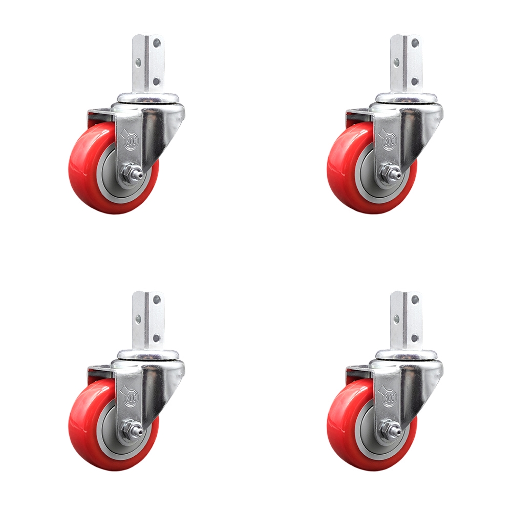 Swivel Square Stem Caster Set 4 w/3” x 1.25” Red Polyurethane Wheel - 3/4” x 2” Square Stem with (3) 17/64” Diameter Mounting Holes - Includes 4 Swivel - 1200 lbs. Cpty/Caster - Service Caster Brand — photo 1