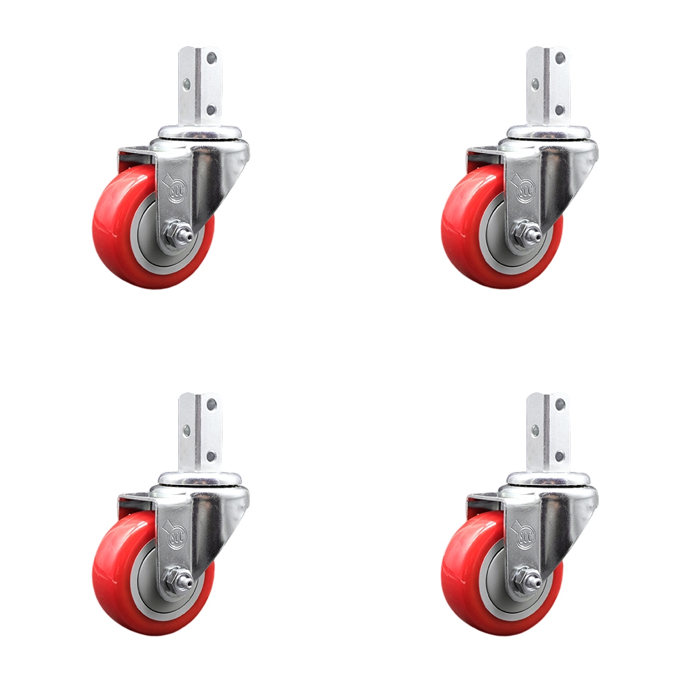 Swivel Square Stem Caster Set 4 w/3” x 1.25” Red Polyurethane Wheel - 7/8” x 2” Square Stem with (3) 17/64” Diameter Mounting Holes - Includes 4 Swivel - 1200 lbs. Cpty/Caster - Service Caster Brand — photo 1