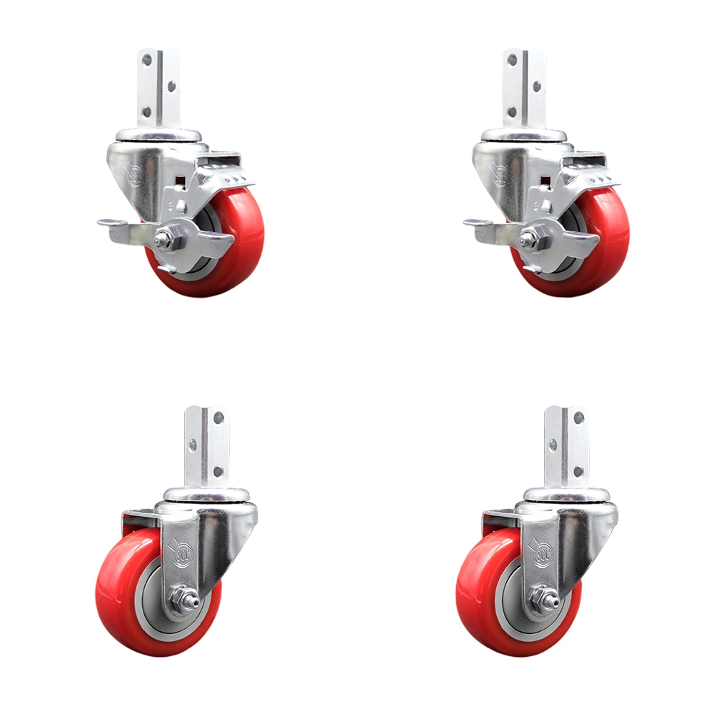 Swivel Square Stem Caster Set 4 w/3” x 1.25” Red Poly Wheel - 3/4” x 2” Square Stem with (3) 17/64” Diameter Mounting Holes - Includes 2 Top Lock Brakes - 1200lbs. Cpty/Caster - Service Caster Brand — photo 1