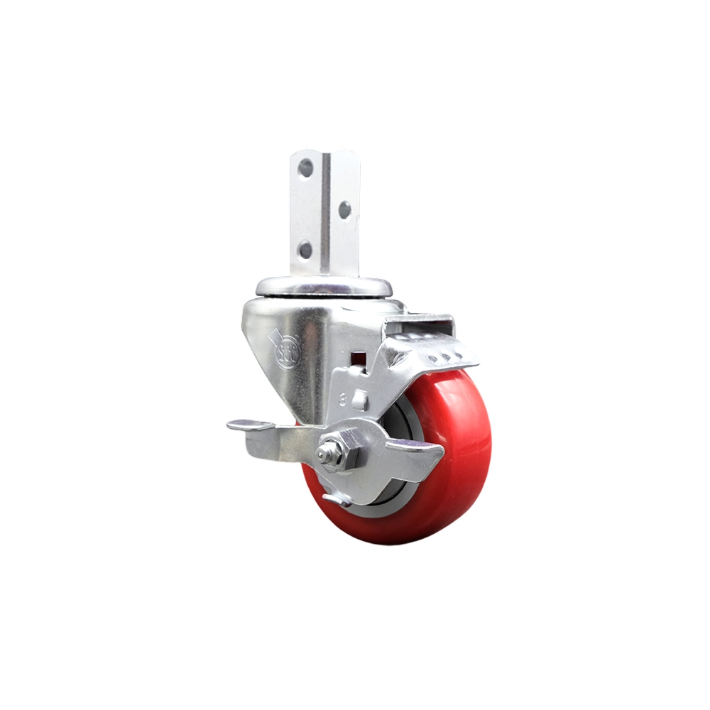 Swivel Square Stem Caster w/3” x 1.25” Red Polyurethane Wheel – 3/4” x 2” Square Stem with (3) 17/64” Diameter Mounting Holes & Top Lock Brakes – 300 lbs. Capacity/Caster – Service Caster Brand — photo 1