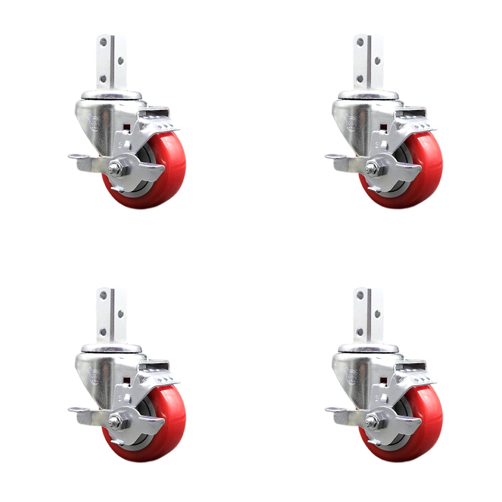 Swivel Square Stem Caster Set 4 w/3” x 1.25” Red Poly Wheel - 7/8” x 2” Square Stem with (3) 17/64” Diameter Mounting Holes - Includes 4 Top Lock Brakes - 1200lbs. Cpty/Caster - Service Caster Brand — photo 1