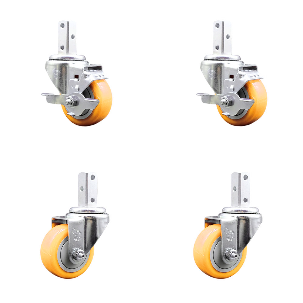 Swivel Square Stem Caster Set 4 w/3” x 1.25” Yellow Poly Wheel - 3/4” x 2” Square Stem with (3) 17/64” Diameter Mounting Holes - Includes 2 Top Lock Brakes- 1200lbs. Cpty/Caster - Service Caster Brand — photo 1