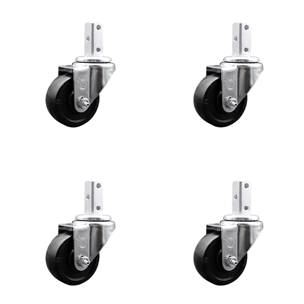 Swivel Square Stem Caster Set 4 w/3” x 1.25” Black Soft Rubber Wheel - 3/4” x 2” Square Stem with (3) 17/64” Diameter Mounting Holes - Includes 4 Swivel - 700 lbs. Cpty/Caster - Service Caster Brand — photo 1