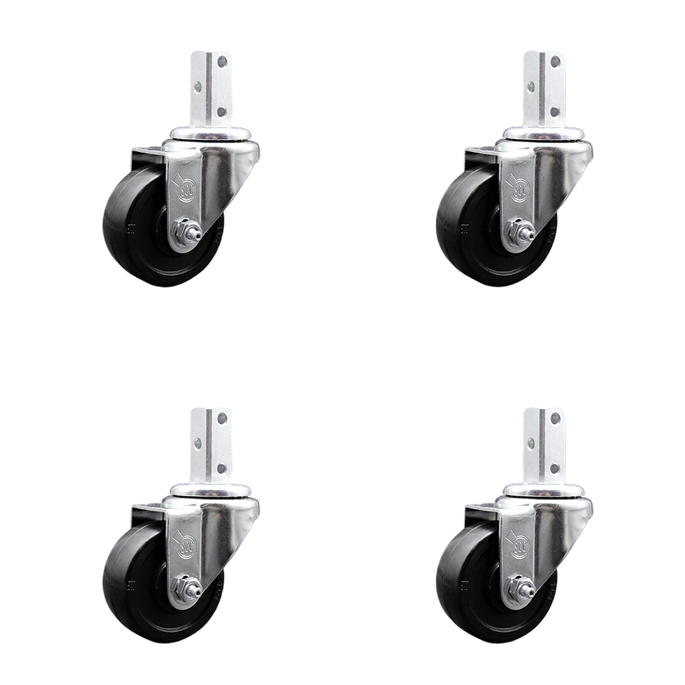 Swivel Square Stem Caster Set 4 w/3” x 1.25” Black Soft Rubber Wheel - 7/8” x 2” Square Stem with (3) 17/64” Diameter Mounting Holes - Includes 4 Swivel - 700 lbs. Cpty/Caster - Service Caster Brand — photo 1