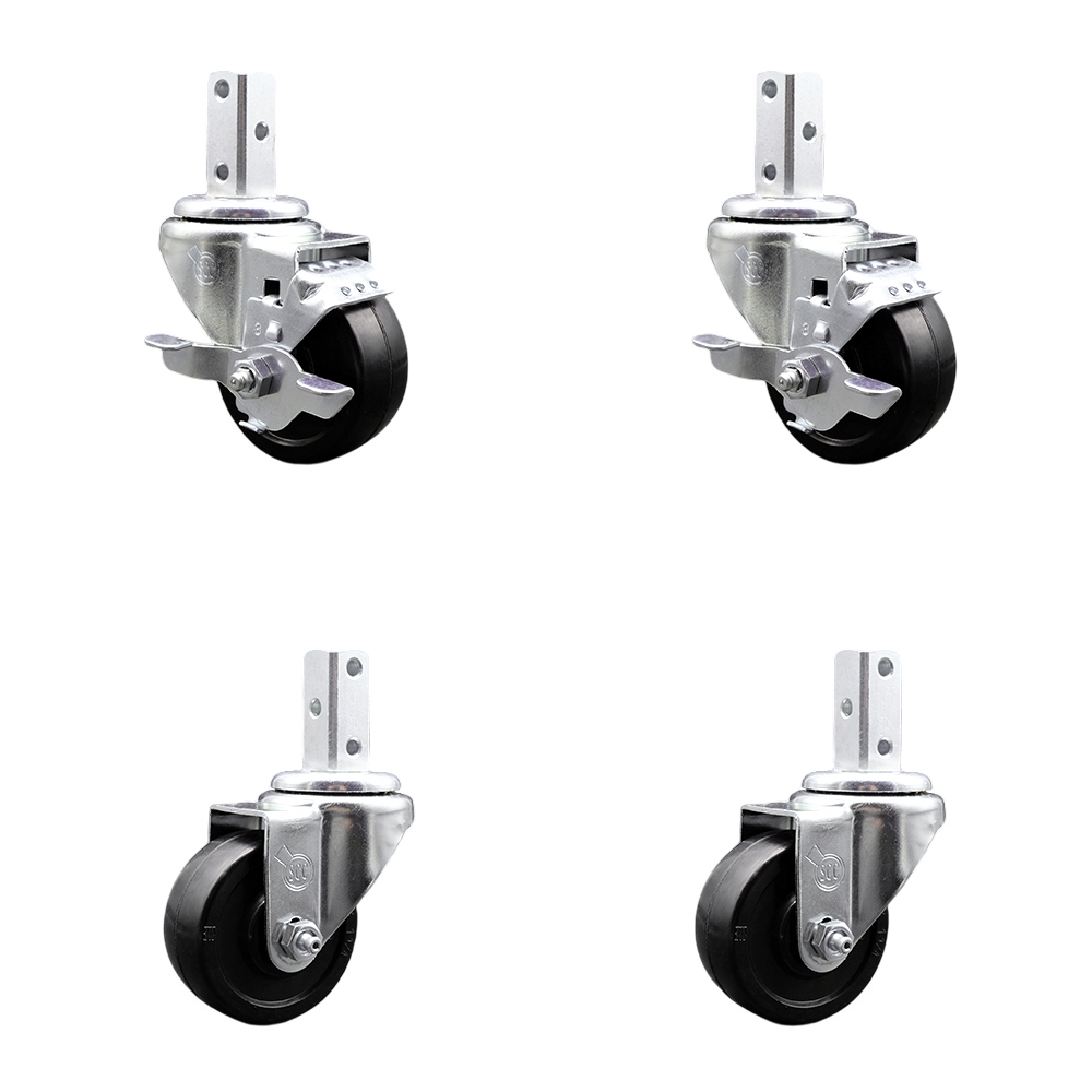 Swivel Square Stem Caster Set 4 w/3” x 1.25” Black Soft Rubber Wheel-3/4” x 2” Square Stem with (3) 17/64” Diameter Mounting Holes-Includes 2 Top Lock Brakes-700lbs. Cpty/Caster - Service Caster Brand — photo 1