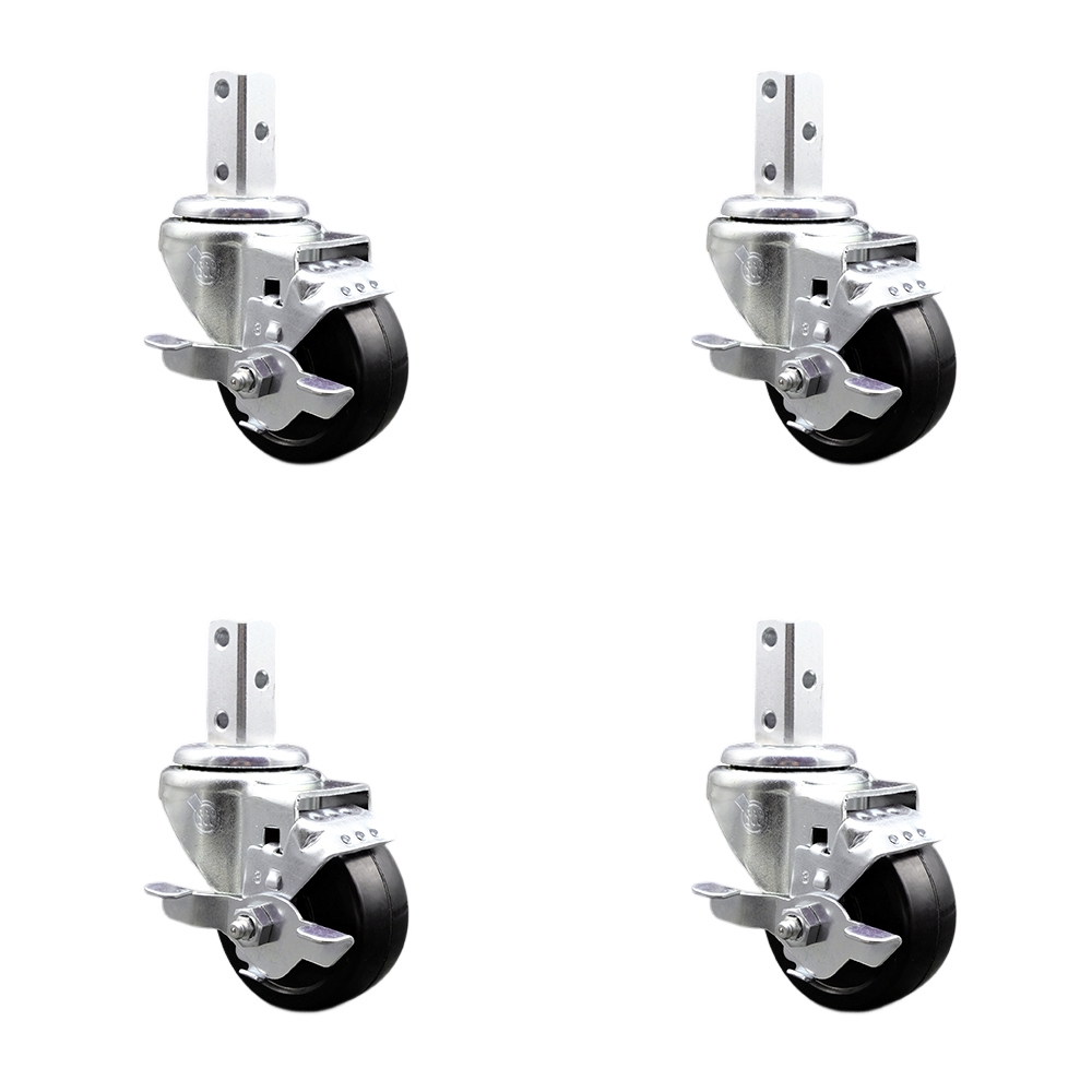 Swivel Square Stem Caster Set 4 w/3” x 1.25” Black Soft Rubber Wheel-3/4” x 2” Square Stem with (3) 17/64” Diameter Mounting Holes-Includes 4 Top Lock Brakes-700lbs. Cpty/Caster - Service Caster Brand — photo 1