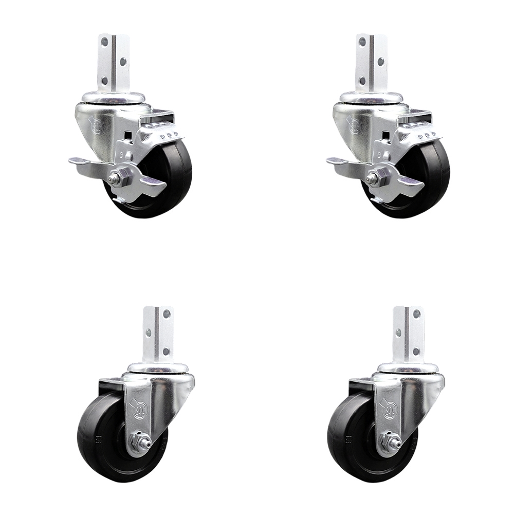 Swivel Square Stem Caster Set 4 w/3” x 1.25” Black Soft Rubber Wheel-7/8” x 2” Square Stem with (3) 17/64” Diameter Mounting Holes-Includes 2 Top Lock Brakes-700lbs. Cpty/Caster - Service Caster Brand — photo 1