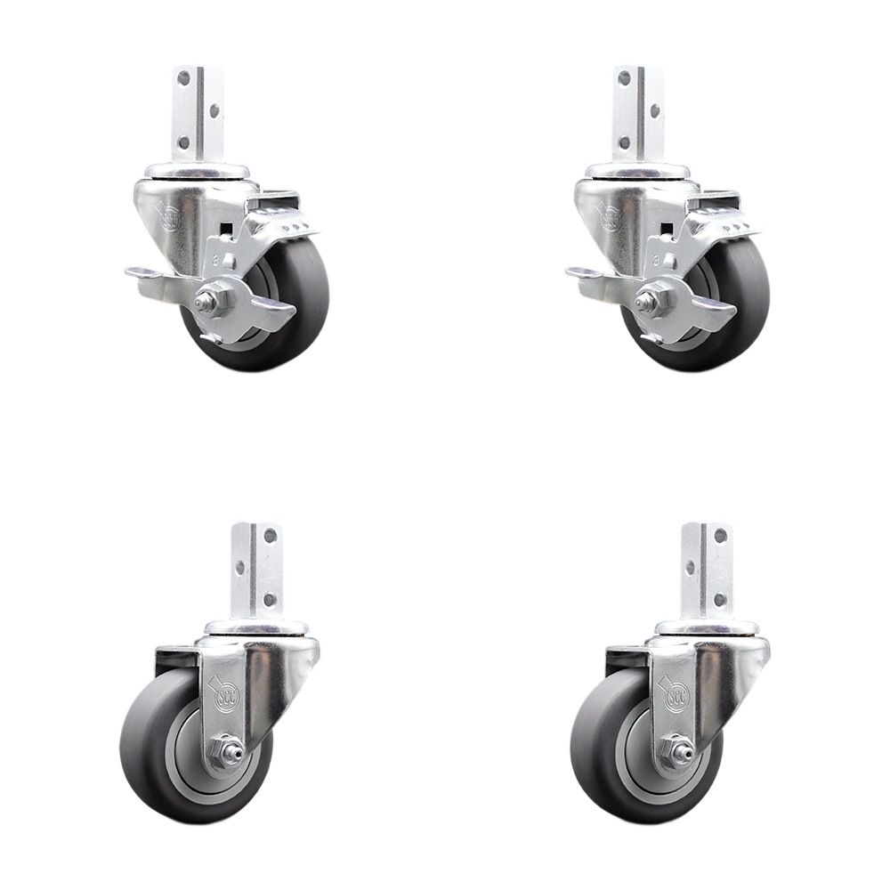 Swivel Square Stem Caster Set 4 w/3” x 1.25” Gray Thermoplastic Rubber Wheel - 3/4” x 2” Square Stem with (3) 17/64” Diameter Mounting Holes - Includes 2 Top Lock Brakes - Service Caster Brand — photo 1
