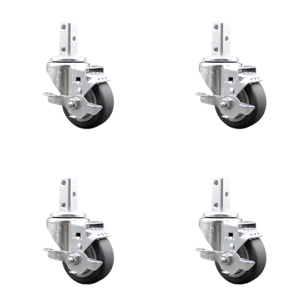 Swivel Square Stem Caster Set 4 w/3” x 1.25” Gray Thermoplastic Rubber Wheel - 3/4” x 2” Square Stem with (3) 17/64” Diameter Mounting Holes - Includes 4 Top Lock Brakes - Service Caster Brand — photo 1