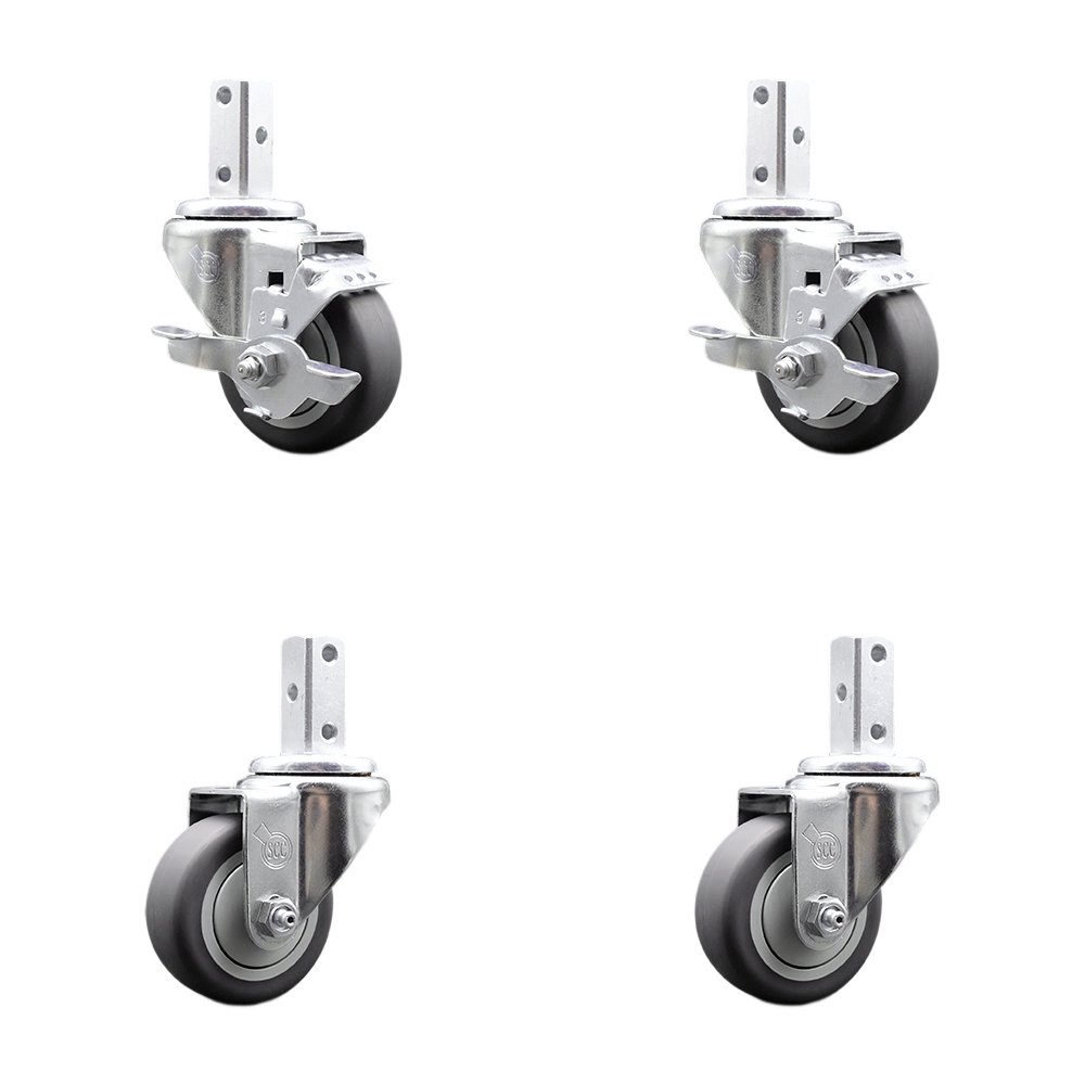 Swivel Square Stem Caster Set 4 w/3” x 1.25” Gray Thermoplastic Rubber Wheel - 7/8” x 2” Square Stem with (3) 17/64” Diameter Mounting Holes - Includes 2 Top Lock Brakes - Service Caster Brand — photo 1