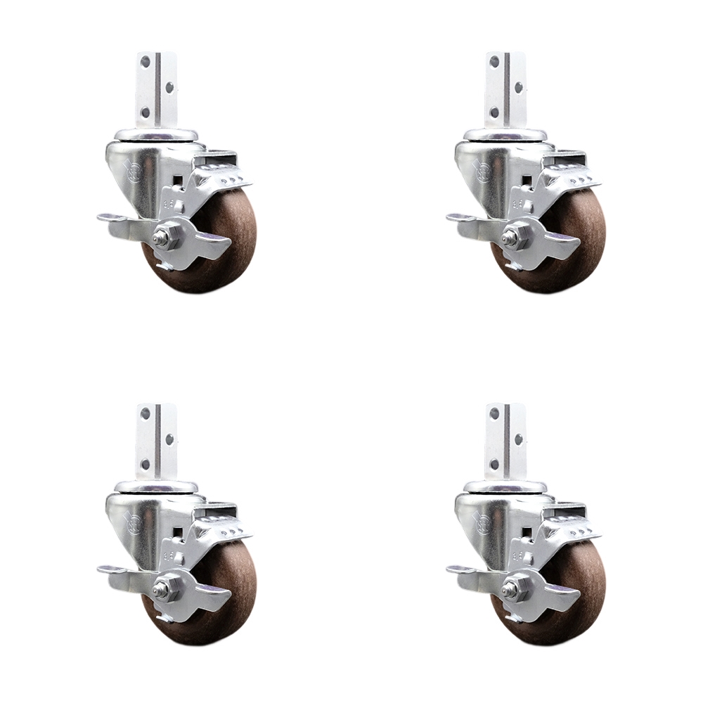 Swvl Square Stem Caster Set 4 w/3.5” x 1.25” Brown Glass Filled Nylon Wheel-7/8” x 2” Square Stem with (3) 17/64” Diameter Mounting Hole-Include 4 Top Lck BRK-1400lbs. Cpty/Caster-Service Caster Brand — photo 1