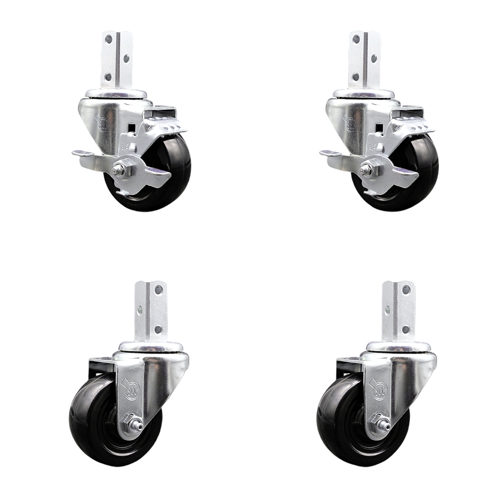 Swivel Square Stem Caster Set 4 w/3.5” x 1.25” Black Hard Rubber Wheel-3/4” x 2” Square Stem with (3) 17/64” Diameter Mounting Holes-Includes 2 Top Lck Brakes-1140lbs. Cpty/Caster-Service Caster Brand — photo 1