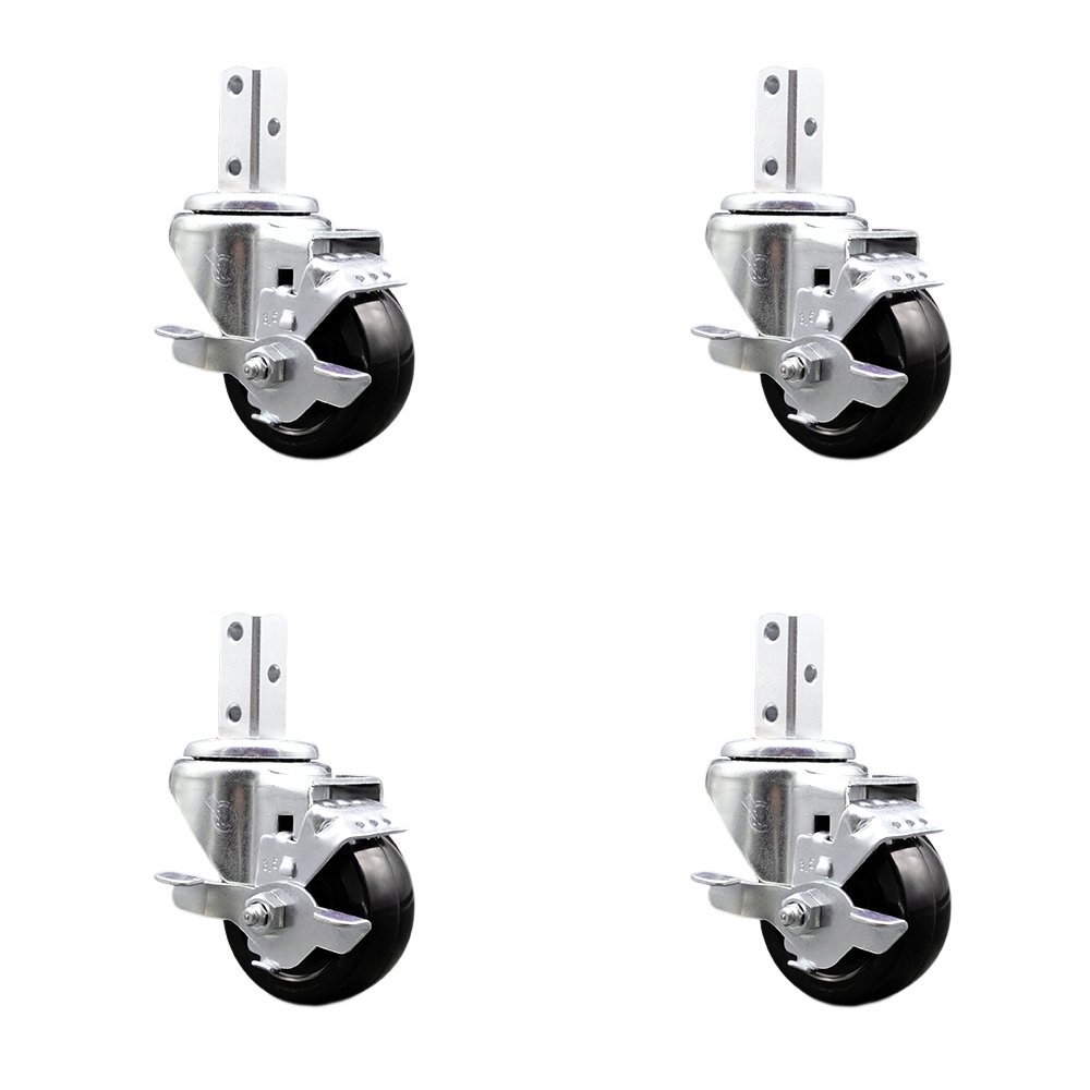 Swivel Square Stem Caster Set 4 w/3.5” x 1.25” Black Hard Rubber Wheel-3/4” x 2” Square Stem with (3) 17/64” Diameter Mounting Holes-Includes 4 Top Lck Brakes-1140lbs. Cpty/Caster-Service Caster Brand — photo 1