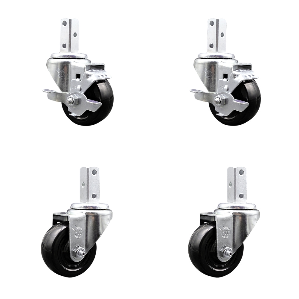 Swivel Square Stem Caster Set 4 w/3.5” x 1.25” Black Hard Rubber Wheel-7/8” x 2” Square Stem with (3) 17/64” Diameter Mounting Holes-Includes 2 Top Lck Brakes-1140lbs. Cpty/Caster-Service Caster Brand — photo 1