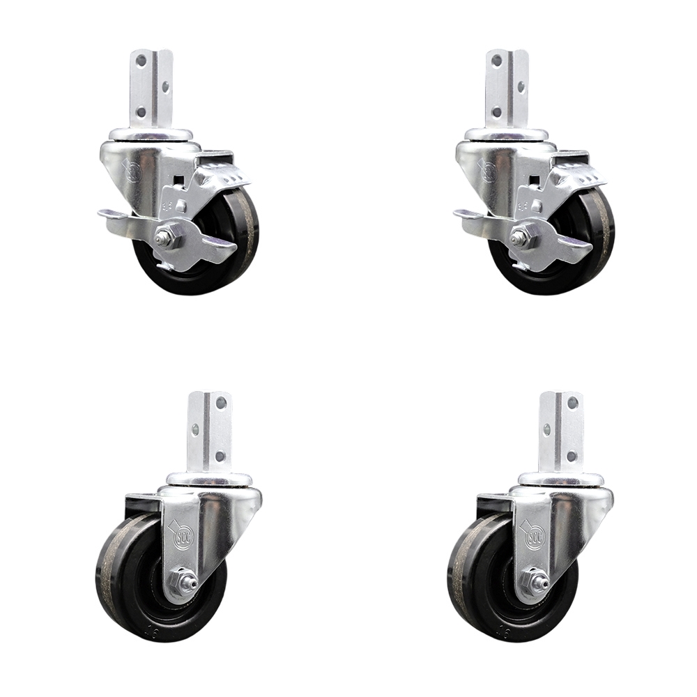 Swivel Square Stem Caster Set 4 w/3.5” x 1.25” Black Phenolic Wheel-7/8” x 2” Square Stem with (3) 17/64” Diameter Mounting Holes-Includes 2 Top Lock Brakes-1200lbs. Cpty/Caster - Service Caster Brand — photo 1