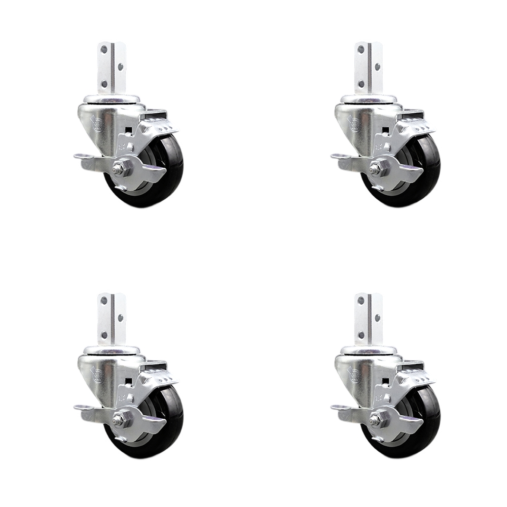Swivel Square Stem Caster Set 4 w/3.5” x 1.25” Black Poly Wheel - 3/4” x 2” Square Stem with (3) 17/64” Diameter Mounting Holes - Includes 4 Top Lock Brakes-1200lbs. Cpty/Caster - Service Caster Brand — photo 1
