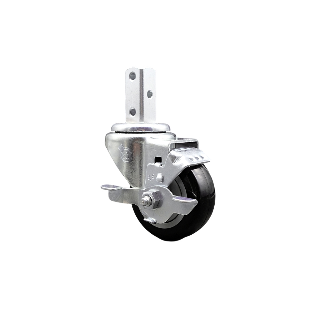 Swivel Square Stem Caster w/3.5” x 1.25” Black Polyurethane Wheel – 3/4” x 2” Square Stem with (3) 17/64” Diameter Mounting Holes & Top Lock Brakes – 300 lbs. Capacity/Caster – Service Caster Brand — photo 1