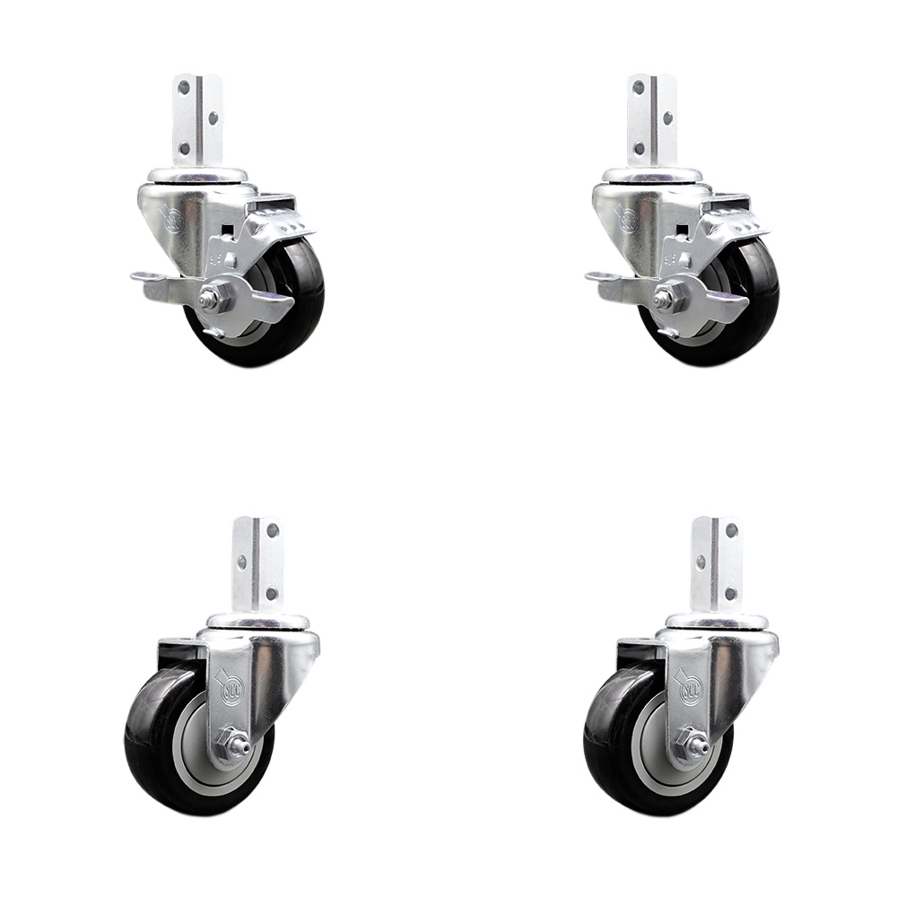 Swivel Square Stem Caster Set 4 w/3.5” x 1.25” Black Poly Wheel - 7/8” x 2” Square Stem with (3) 17/64” Diameter Mounting Holes - Includes 2 Top Lock Brakes-1200lbs. Cpty/Caster - Service Caster Brand — photo 1
