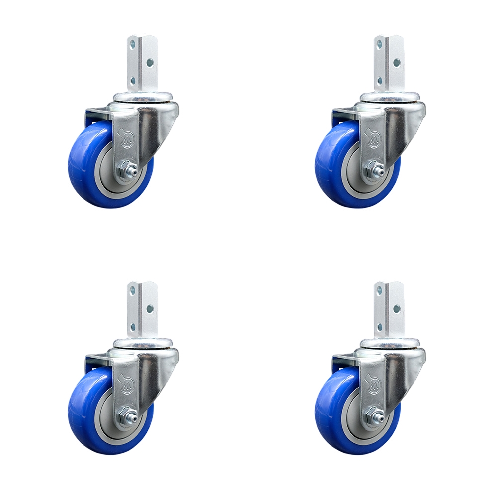 Swivel Square Stem Caster Set 4 w/3.5” x 1.25” Blue Polyurethane Wheel - 3/4” x 2” Square Stem with (3) 17/64” Diameter Mounting Holes - Includes 4 Swivel-1200 lbs. Cpty/Caster - Service Caster Brand — photo 1